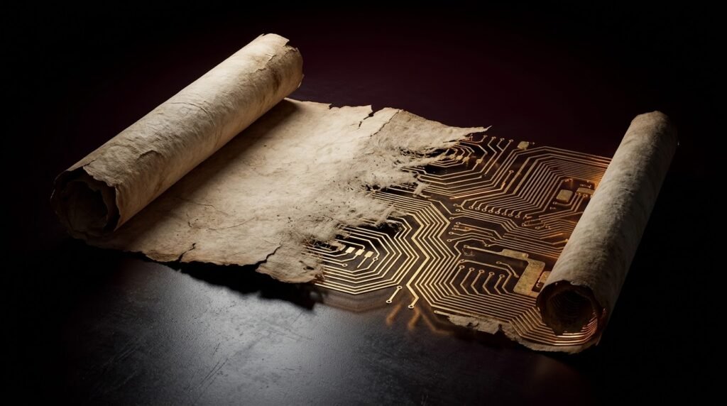 Pergaminho antigo se transformando em circuito dourado, simbolizando a fusão entre conhecimento clássico e tecnologia — imagem de capa do site Hipóteses Inconvenientes